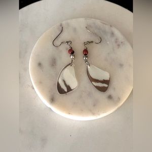 Butterfly wing earrings- sterling silver French hooks and beads- red wooden bead